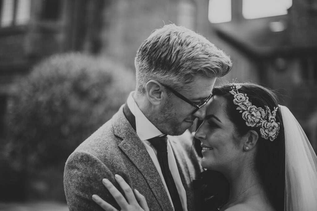 bride and groom portrait at Colshaw Hall, in black and white