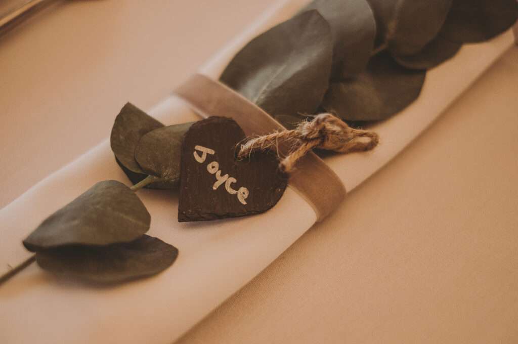 table details in the wedding breakfast room at Sandhole Oak Barn