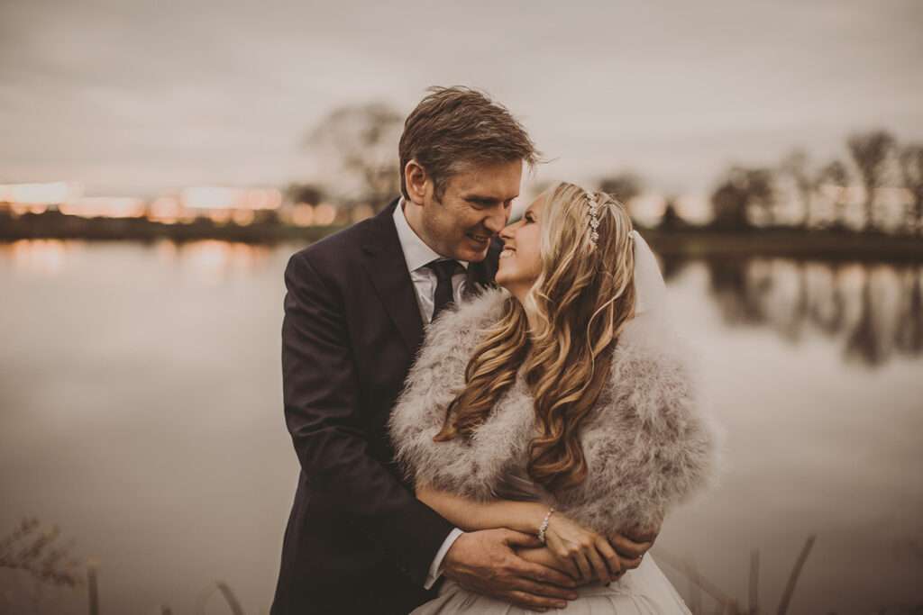 bride and groom wedding day portrait at Sandhole Oak Barn